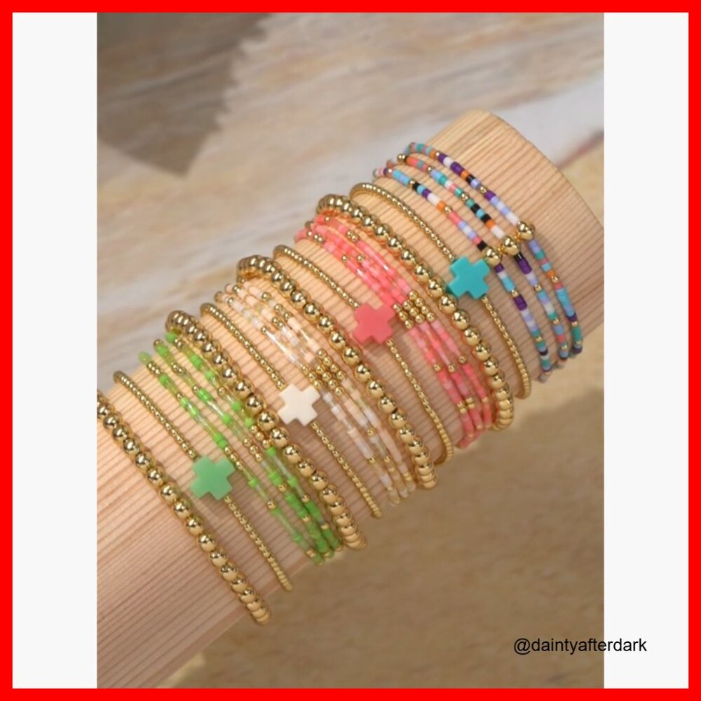 Gold Plated Stretch Bracelets Stack Set Boho Bead… - image 7